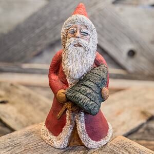 1988 Vintage Old World Santa Claus Figurine Holding Christmas Tree-6”H, Rustic